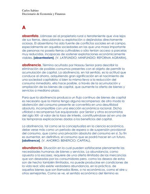 Carlos Sabino Diccionario de Economía y Finanzas absentista ...