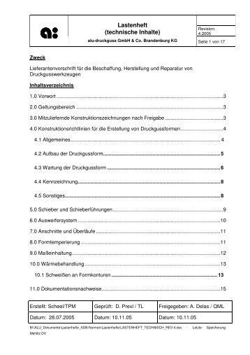 Lastenheft (technische Inhalte) - alu druckguss