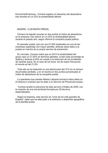 Economía/Empresas.- Correos registra un descenso del absentismo ...