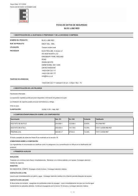 FICHA DE DATOS DE SEGURIDAD BLOC LUBE RED - Farnell