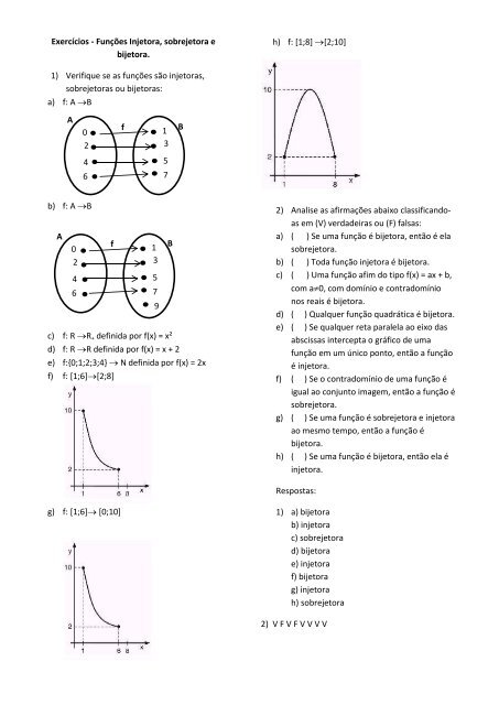 Exercícios - Funções Injetora, sobrejetora e bijetora. 1) Verifique se ...