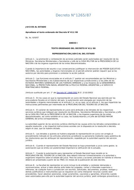 Decreto N°1265/87 - Procuración del Tesoro de la Nación