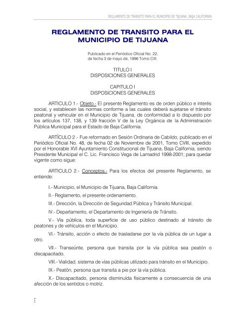 REGLAMENTO DE TRANSITO DEL MUNICIPIO DE TIJUANA