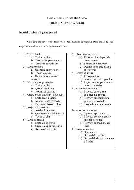 Perguntas questionário sobre higiene oral