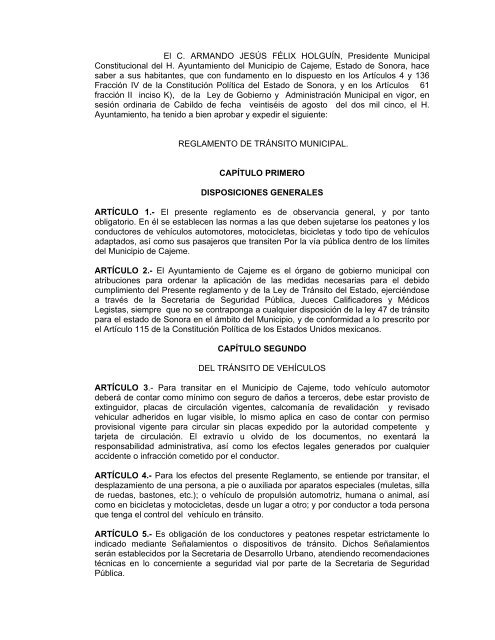 Reglamento de Tránsito Municipal (PDF) - Imip Cajeme