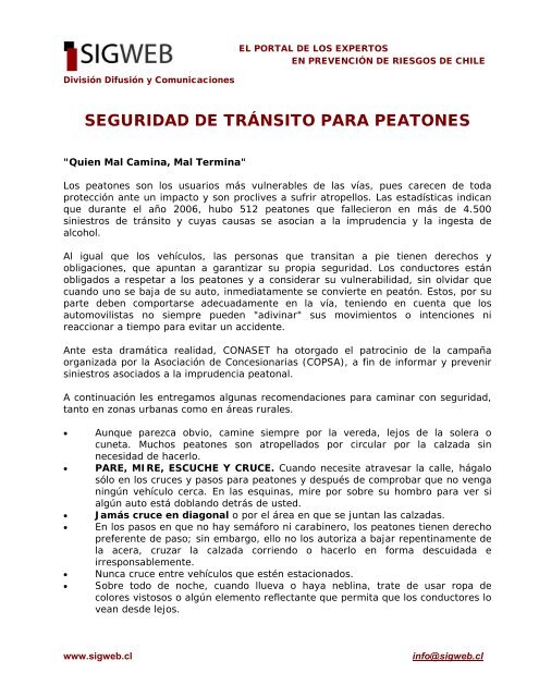 Seguridad de tránsito para peatones -CONASET - Sigweb