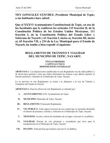 REGLAMENTO DE TRANSITO Y VIALIDAD DEL MUNICIPIO ... - Justia