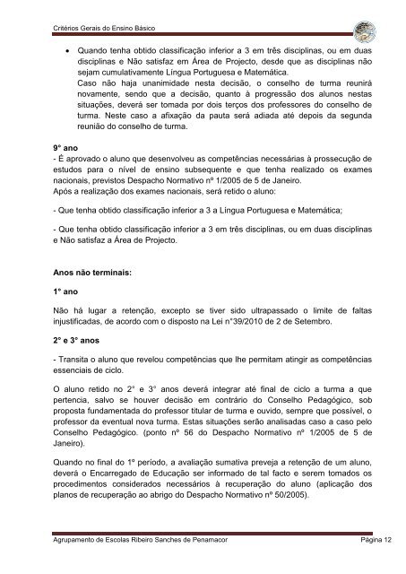 Critérios de auto-avaliação dos alunos