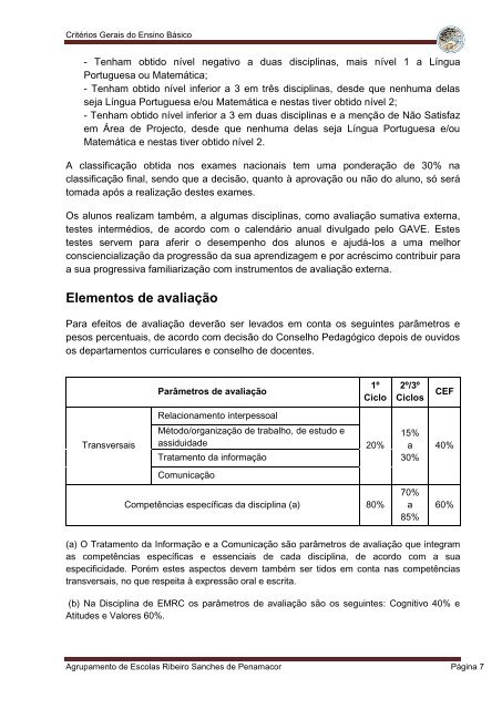 Critérios de auto-avaliação dos alunos