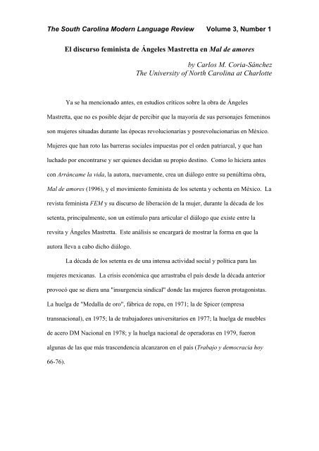 El discurso feminista de Ángeles Mastretta en Mal de amores