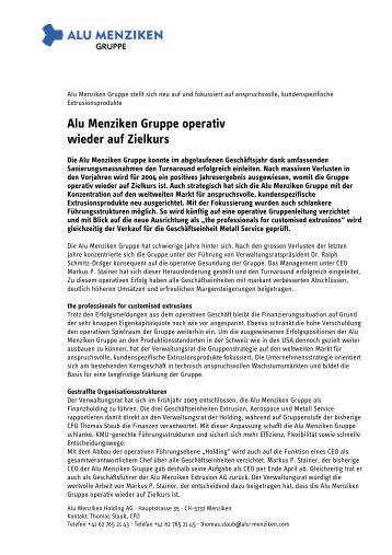 Alu Menziken Gruppe operativ wieder auf Zielkurs