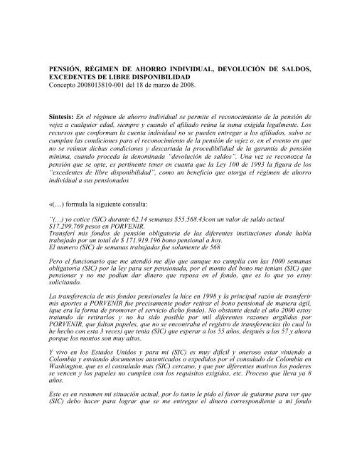 PENSIÓN, RÉGIMEN DE AHORRO INDIVIDUAL, DEVOLUCIÓN DE ...