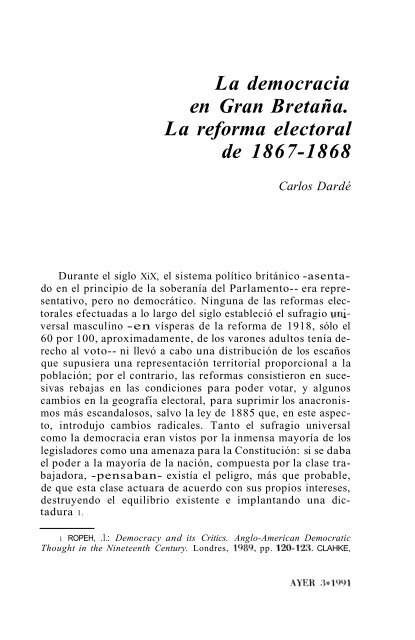 La democracia en Gran Bretaña. La reforma electoral de 1867-1868