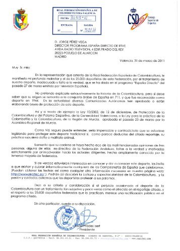 Cartas remitidas a RTVE - Federación Española de Colombicultura