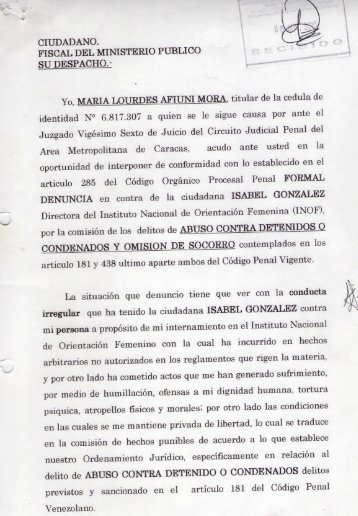 Denuncia de la Juez Afiuni contra la entonces Dir. de INOF ...