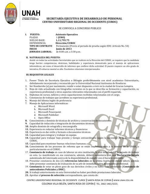 Asistente Operativa Iii Secretaria Ejecutiva O Bilingue Curoc Unah