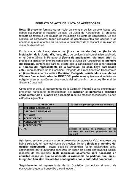 FORMATO DE ACTA DE JUNTA DE ACREEDORES Nota ... - Indecopi
