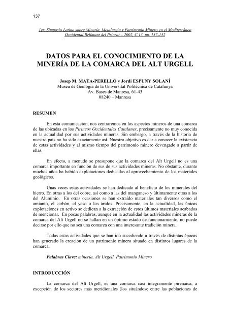 datos para el conocimiento de la minería de la comarca del alt urgell