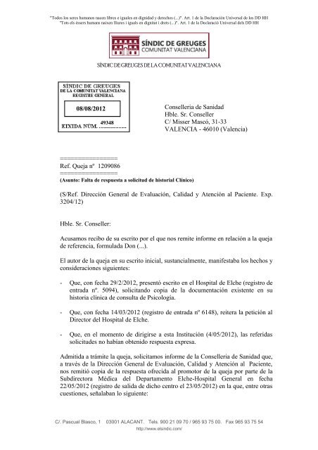 Conselleria de Sanidad. Falta de respuesta a solicitud - Síndic de ...