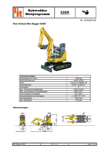 Nr. 3320200150 New Holland Mini Bagger E9SR Abmessungen