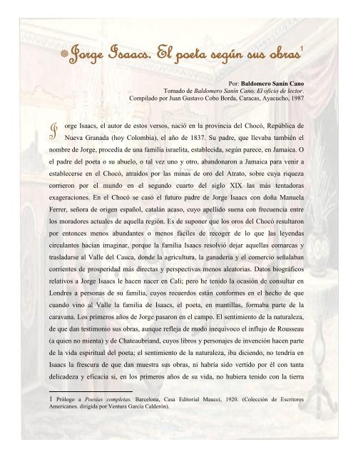 Jorge Isaacs, el poeta según sus obras por Baldomero Sanín Cano