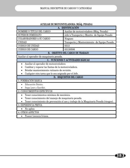 Manual Descriptor de Cargos y Categorias. - Alcaldía Municipal de ...