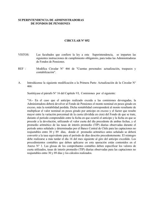 CIRCULAR N° 852 - Superintendencia de Pensiones