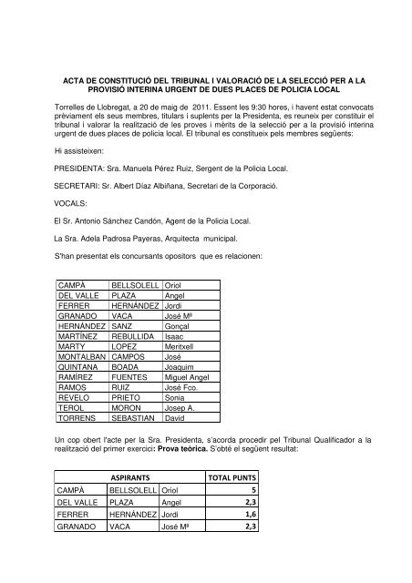 acta de constitució del tribunal i valoració de - Torrelles de Llobregat