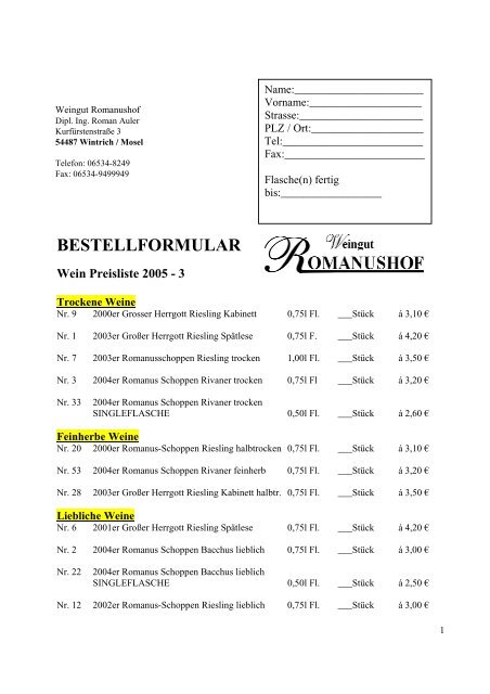 BESTELLFORMULAR - Weingut ROMANUSHOF