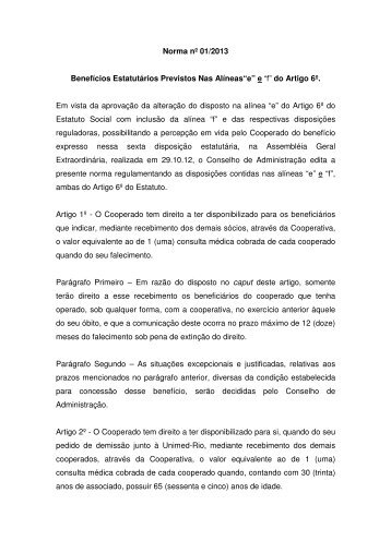 Norma nº 01/2013 Benefícios Estatutários Previstos ... - Unimed-Rio
