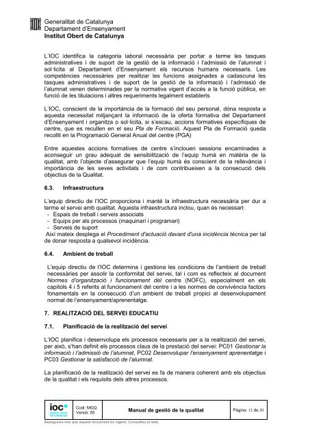 Manual de Gestió de la Qualitat Institut Obert de Catalunya