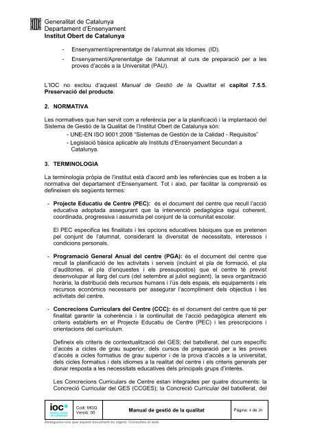 Manual de Gestió de la Qualitat Institut Obert de Catalunya