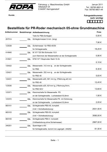 Bestellliste für PR-Roder mechanisch 05-ohne ... - ROPA Fahrzeug