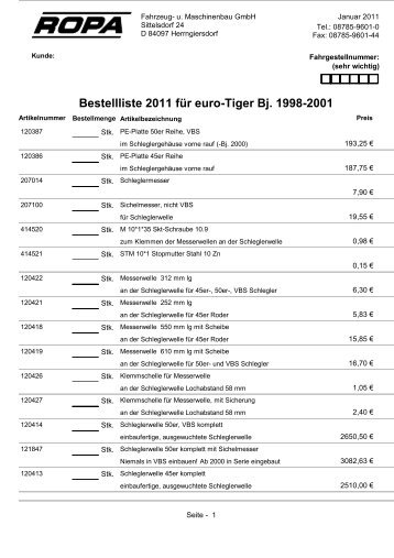 Bestellliste 2011 für euro-Tiger Bj. 1998-2001 - ROPA Fahrzeug