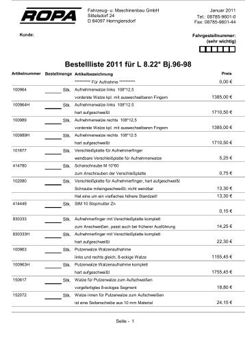 Bestellliste 2011 für L 8.22* Bj.96-98 - ROPA Fahrzeug