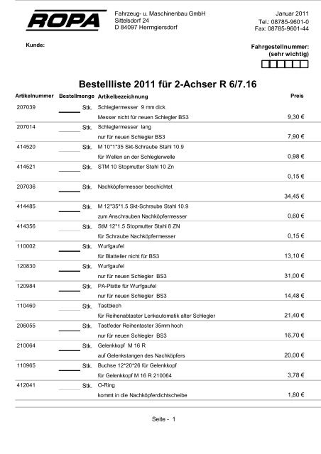 Bestellliste 2011 für 2-Achser R 6/7.16 - ROPA Fahrzeug