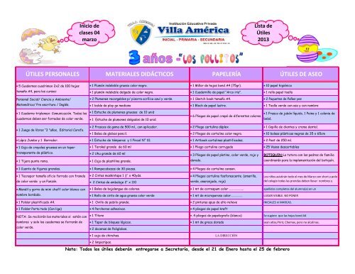 Lista de útiles INICIAL 2013 (PDF) - IEP Villa America - BIENVENIDOS