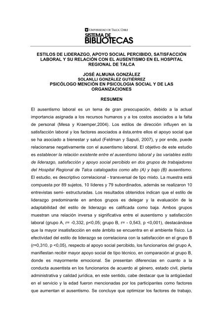 estilos de liderazgo, apoyo social percibido, satisfacción laboral y su ...