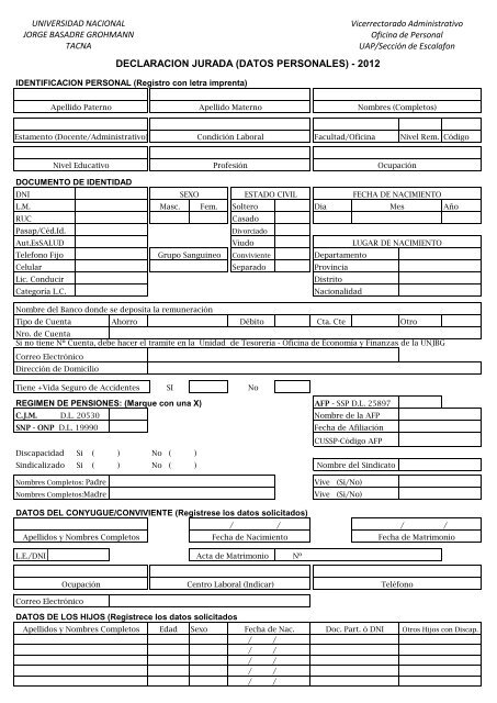 declaracion jurada (datos personales) - 2012 - Universidad ...