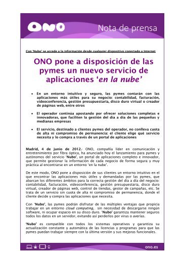 ONO lanza Nubo el servicio de aplicaciones en la nube para Pymes