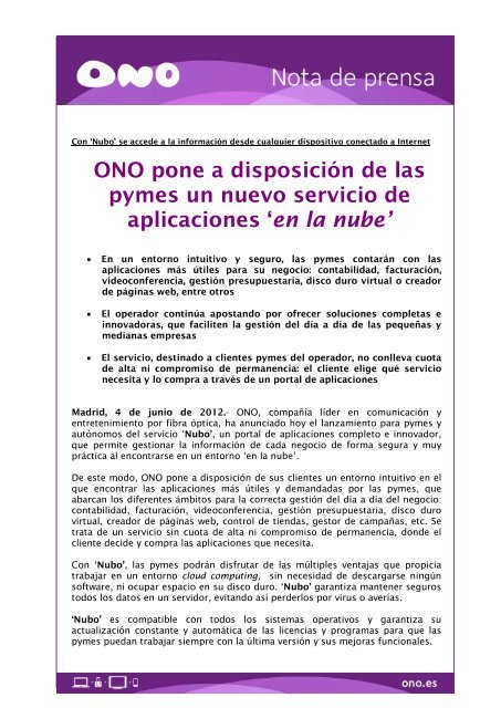 ONO lanza Nubo el servicio de aplicaciones en la nube para Pymes