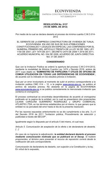 resolución declaratoria desierta - Ecovivienda