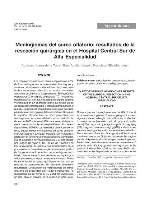 Meningiomas del surco olfatorio: resultados de la ... - edigraphic.com