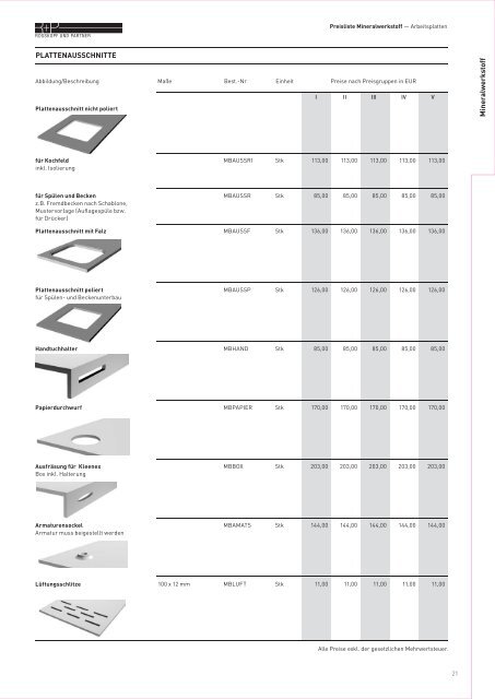 Mineralwerkstoff, Porzellankeramik, Quarzstein - Rosskopf + Partner