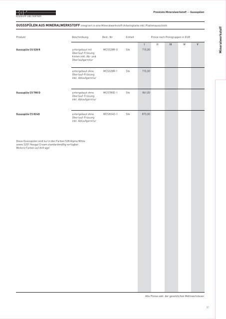 Mineralwerkstoff, Porzellankeramik, Quarzstein - Rosskopf + Partner