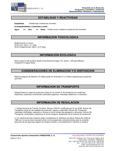 hoja de seguridad sulfato de aluminio ( msds ) identificacion efectos ...