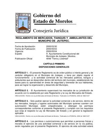 Reglamento de Mercados, Tianguis y Ambulantes del ... - Jiutepec