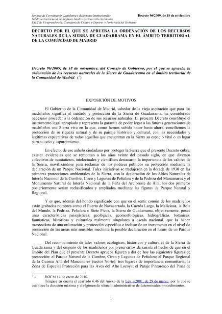 Decreto de aprobación del P O R N Ficha Parque del guadarrama 