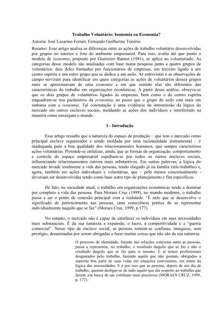 Trabalho Voluntário: Isonomia ou Economia? Autoria: José Lazarino ...