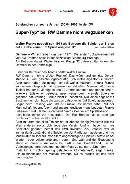 2009.04.20 Sonder-Kurier Frisch Ausgabe 1 - Rot Weiss Damme